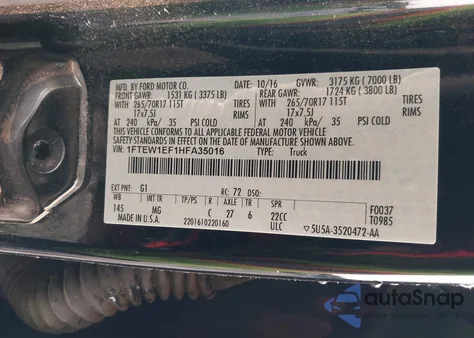 2017 Ford F-150 Xlt из США, поврежденный, VIN 1FTEW1EF1HFA35016